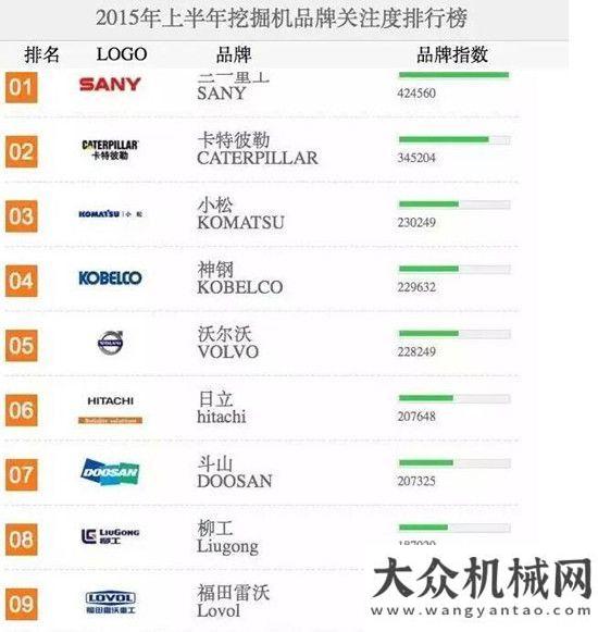 升發(fā)展動(dòng)力2015上半年挖掘機(jī)品牌關(guān)注度柳工排名前八濰柴董